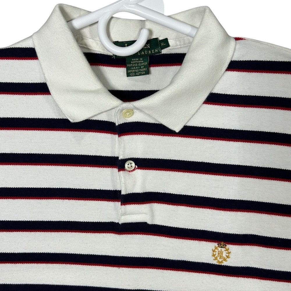 Lauren Ralph Lauren Polo Shirt Mens XL White Blue Stripe Short Sleeve Crest Logo
